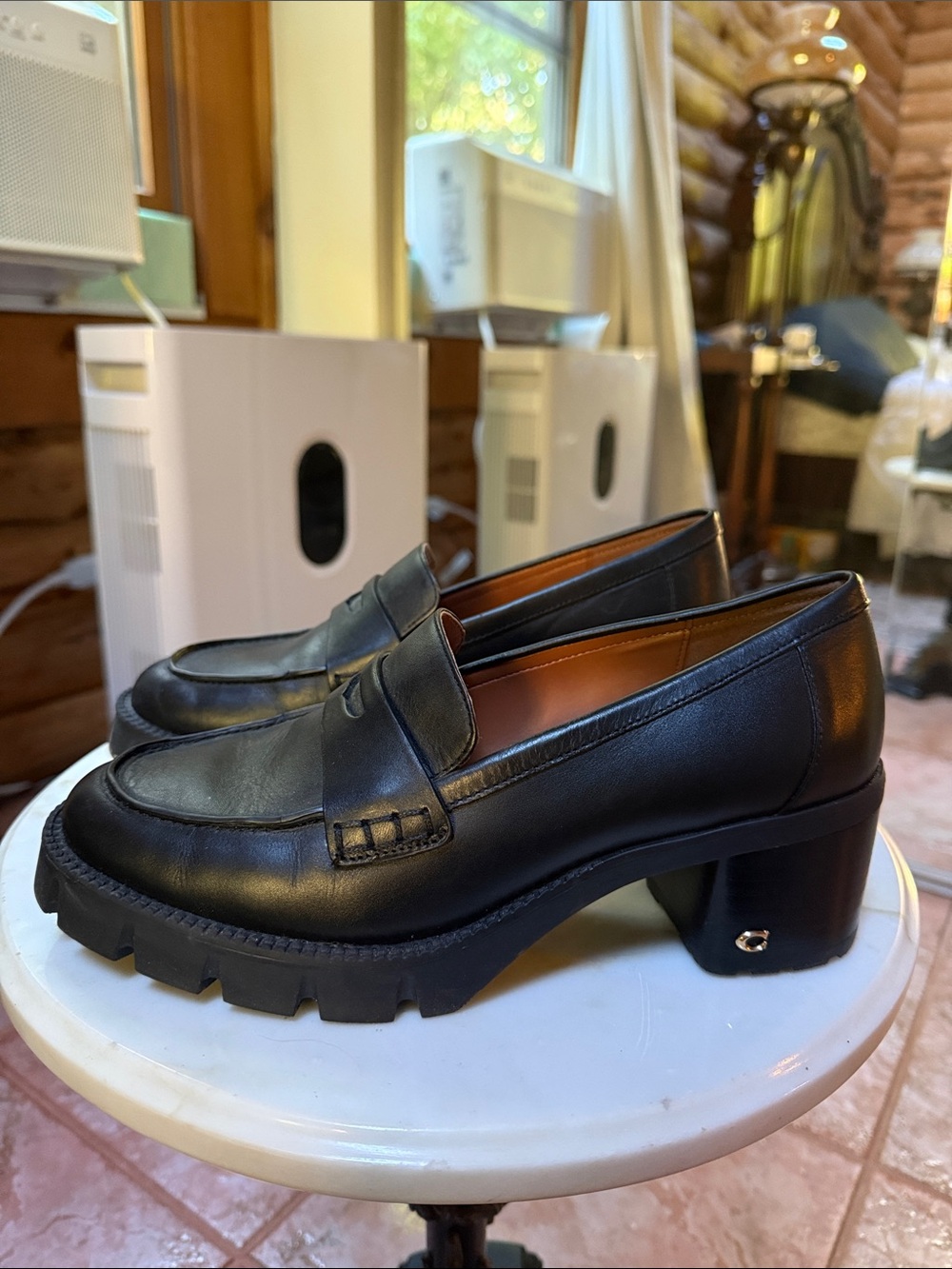 Black Leather coach Chunky Heel Loafers